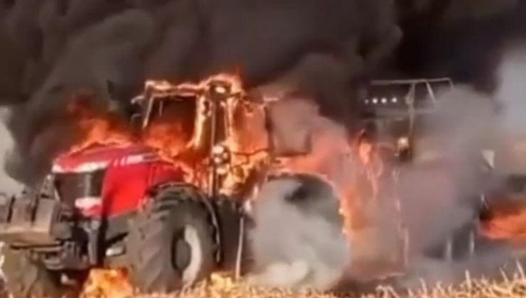 Saman yüklü traktör alev alev yandı!