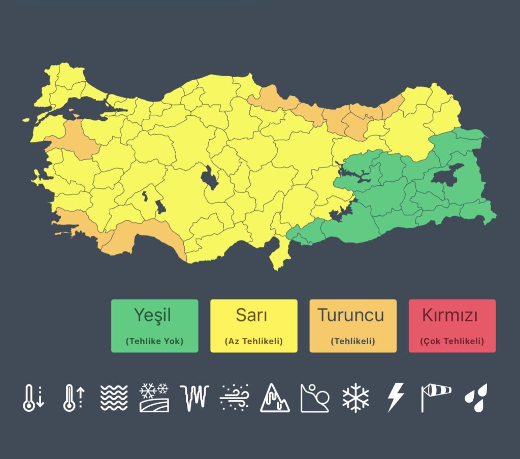 64 il icin sari ve turuncu kodlu meteorolojik uyari