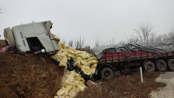 Bursa’da yem yüklü tır yoldan çıktı!